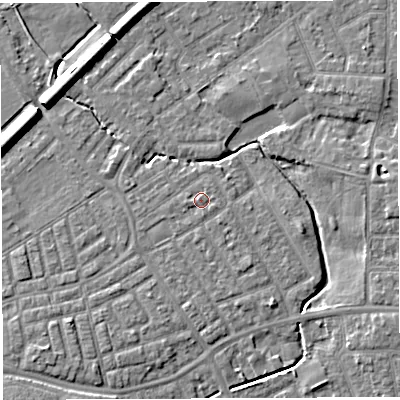Shaded relief map of the ground around WA13ED, computed from Environment Agency LiDAR. The ground here sits at about 9 m above sea level and falls 8 m across the surrounding 800 m. Surface water reaching this point runs off ground lying to the west-south-west, 0.7 m higher.
