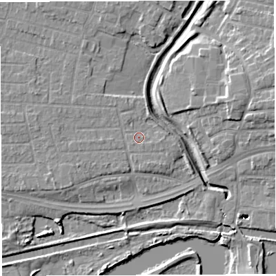Shaded relief map of the ground around WA13EZ, computed from Environment Agency LiDAR. The ground here sits at about 10 m above sea level and falls 13 m across the surrounding 800 m. Surface water reaching this point runs off ground lying to the west, 1.6 m higher.