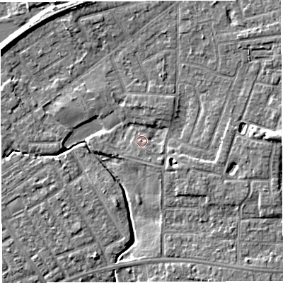 Shaded relief map of the ground around WA13JA, computed from Environment Agency LiDAR. The ground here sits at about 9 m above sea level and falls 6 m across the surrounding 800 m. Surface water reaching this point runs off ground lying to the east, 5.0 m higher.