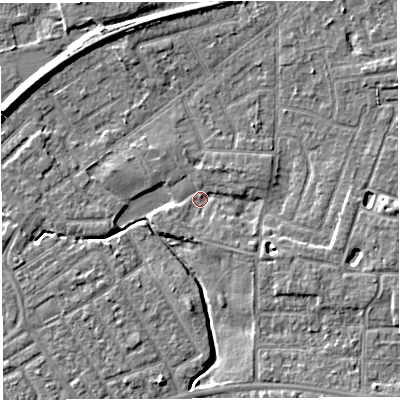 Shaded relief map of the ground around WA13JE, computed from Environment Agency LiDAR. The ground here sits at about 9 m above sea level and falls 6 m across the surrounding 800 m. Surface water reaching this point runs off ground lying to the east, 3.7 m higher.