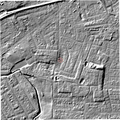 Shaded relief map of the ground around WA13JJ, computed from Environment Agency LiDAR. The ground here sits at about 9 m above sea level and falls 6 m across the surrounding 800 m. Surface water reaching this point runs off ground lying to the east-south-east, 4.7 m higher.