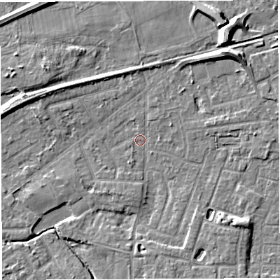 Shaded relief map of the ground around WA13JL, computed from Environment Agency LiDAR. The ground here sits at about 9 m above sea level and falls 9 m across the surrounding 800 m. Surface water reaching this point runs off ground lying to the north-east, 6.2 m higher.
