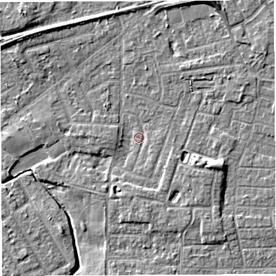Shaded relief map of the ground around WA13JN, computed from Environment Agency LiDAR. The ground here sits at about 9 m above sea level and falls 8 m across the surrounding 800 m. Surface water reaching this point runs off ground lying to the north-north-east, 6.4 m higher.