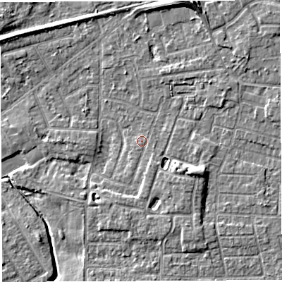 Shaded relief map of the ground around WA13JP, computed from Environment Agency LiDAR. The ground here sits at about 10 m above sea level and falls 8 m across the surrounding 800 m. Surface water reaching this point runs off ground lying to the south-south-east, 1.4 m higher.