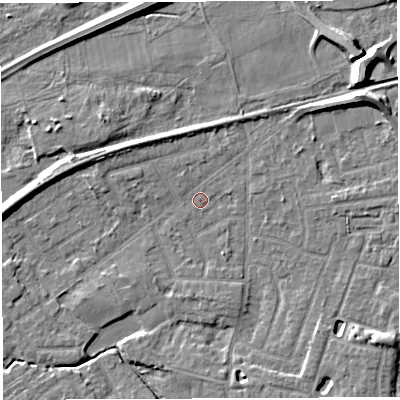 Shaded relief map of the ground around WA13JU, computed from Environment Agency LiDAR. The ground here sits at about 9 m above sea level and falls 8 m across the surrounding 800 m. Surface water reaching this point runs off ground lying to the west-north-west, 2.4 m higher.