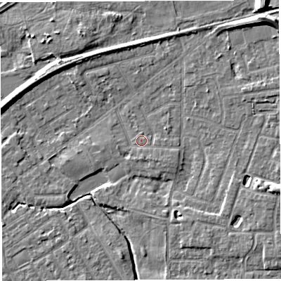 Shaded relief map of the ground around WA13JX, computed from Environment Agency LiDAR. The ground here sits at about 9 m above sea level and falls 9 m across the surrounding 800 m. Surface water reaching this point runs off ground lying to the south-south-east, 0.9 m higher.