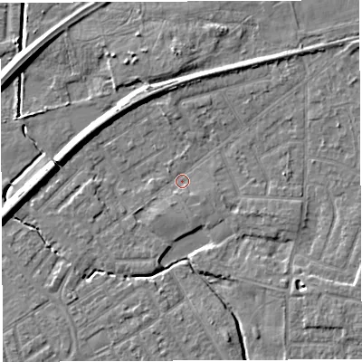Shaded relief map of the ground around WA13LA, computed from Environment Agency LiDAR. The ground here sits at about 9 m above sea level and falls 7 m across the surrounding 800 m. Surface water reaching this point runs off ground lying to the north, 3.1 m higher.