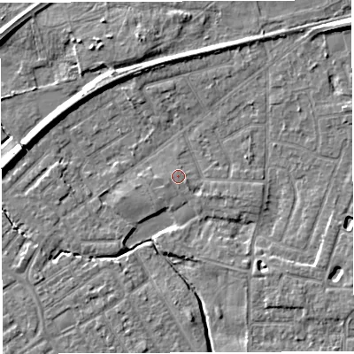 Shaded relief map of the ground around WA13LB, computed from Environment Agency LiDAR. The ground here sits at about 9 m above sea level and falls 7 m across the surrounding 800 m. The ground contributing surface water to this point lies to the south-west.