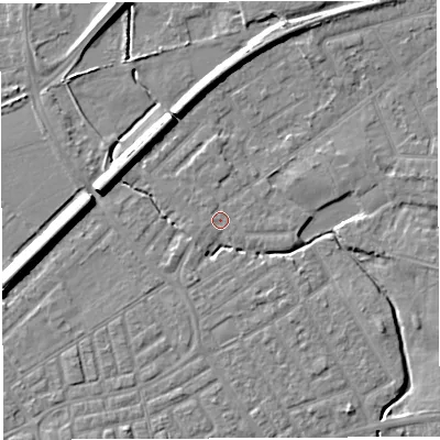 Shaded relief map of the ground around WA13LD, computed from Environment Agency LiDAR. The ground here sits at about 9 m above sea level and falls 8 m across the surrounding 800 m. Surface water reaching this point runs off ground lying to the south-south-west, 2.4 m higher.