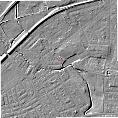 Shaded relief map of the ground around WA13LE, computed from Environment Agency LiDAR. The ground here sits at about 9 m above sea level and falls 7 m across the surrounding 800 m. Surface water reaching this point runs off ground lying to the south-east, 3.4 m higher.