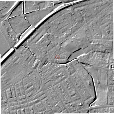 Shaded relief map of the ground around WA13LF, computed from Environment Agency LiDAR. The ground here sits at about 9 m above sea level and falls 7 m across the surrounding 800 m. Surface water reaching this point runs off ground lying to the south-east, 0.7 m higher.