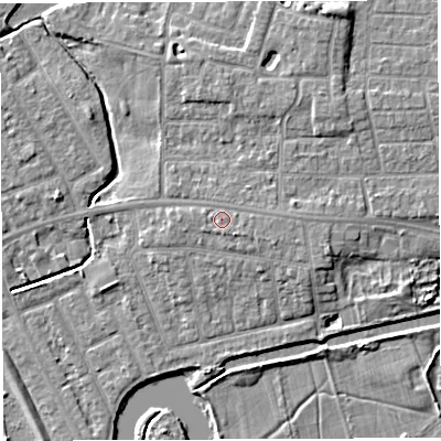 Shaded relief map of the ground around WA13LS, computed from Environment Agency LiDAR. The ground here sits at about 10 m above sea level and falls 7 m across the surrounding 800 m. Surface water reaching this point runs off ground lying to the south-east, 1.2 m higher.