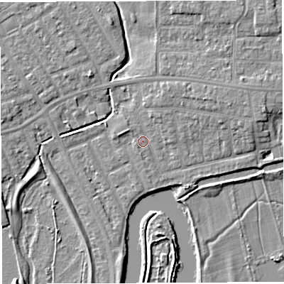 Shaded relief map of the ground around WA13LT, computed from Environment Agency LiDAR. The ground here sits at about 8 m above sea level and falls 6 m across the surrounding 800 m. Surface water reaching this point runs off ground lying to the north-east, 1.7 m higher.