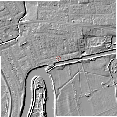 Shaded relief map of the ground around WA13LU, computed from Environment Agency LiDAR. The ground here sits at about 8 m above sea level and falls 6 m across the surrounding 800 m. Surface water reaching this point runs off ground lying to the north-east, 5.1 m higher.