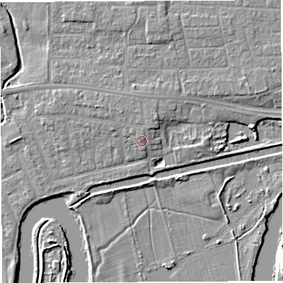 Shaded relief map of the ground around WA13NE, computed from Environment Agency LiDAR. The ground here sits at about 10 m above sea level and falls 6 m across the surrounding 800 m. Surface water reaching this point runs off ground lying to the north-east, 1.6 m higher.