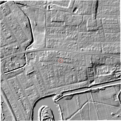 Shaded relief map of the ground around WA13NF, computed from Environment Agency LiDAR. The ground here sits at about 10 m above sea level and falls 6 m across the surrounding 800 m. Surface water reaching this point runs off ground lying to the east, 1.6 m higher.
