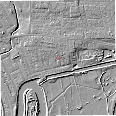 Shaded relief map of the ground around WA13NG, computed from Environment Agency LiDAR. The ground here sits at about 9 m above sea level and falls 6 m across the surrounding 800 m. Surface water reaching this point runs off ground lying to the north-east, 1.6 m higher.