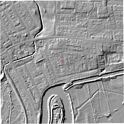 Shaded relief map of the ground around WA13NH, computed from Environment Agency LiDAR. The ground here sits at about 9 m above sea level and falls 6 m across the surrounding 800 m. Surface water reaching this point runs off ground lying to the east-north-east, 1.6 m higher.