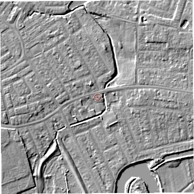 Shaded relief map of the ground around WA13NJ, computed from Environment Agency LiDAR. The ground here sits at about 8 m above sea level and falls 5 m across the surrounding 800 m. Surface water reaching this point runs off ground lying to the west-south-west, 2.1 m higher.