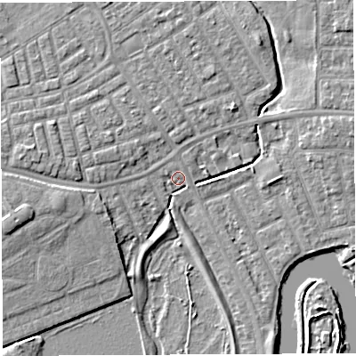 Shaded relief map of the ground around WA13NL, computed from Environment Agency LiDAR. The ground here sits at about 8 m above sea level and falls 6 m across the surrounding 800 m. Surface water reaching this point runs off ground lying to the west-south-west, 5.4 m higher.