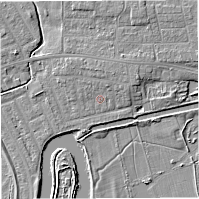 Shaded relief map of the ground around WA13NQ, computed from Environment Agency LiDAR. The ground here sits at about 9 m above sea level and falls 6 m across the surrounding 800 m. Surface water reaching this point runs off ground lying to the north-north-east, 2.0 m higher.