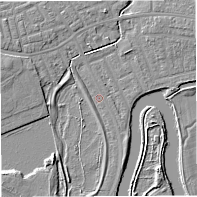 Shaded relief map of the ground around WA13NU, computed from Environment Agency LiDAR. The ground here sits at about 7 m above sea level and falls 6 m across the surrounding 800 m. Surface water reaching this point runs off ground lying to the south-south-east, 2.0 m higher.