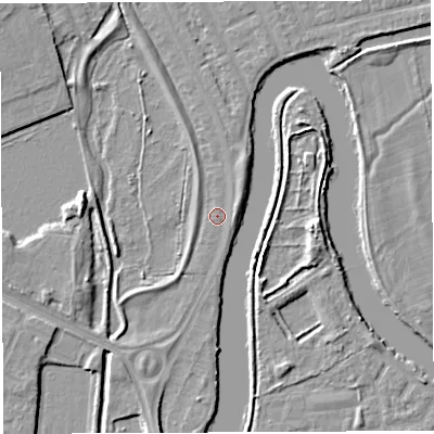 Shaded relief map of the ground around WA13NX, computed from Environment Agency LiDAR. The ground here sits at about 8 m above sea level and falls 6 m across the surrounding 800 m. Surface water reaching this point runs off ground lying to the north-north-west, 0.7 m higher.