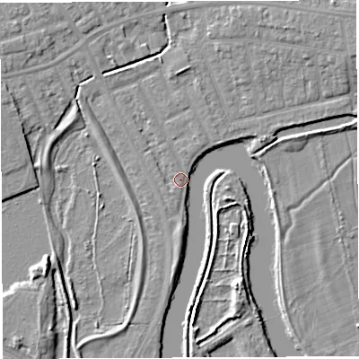 Shaded relief map of the ground around WA13PB, computed from Environment Agency LiDAR. The ground here sits at about 8 m above sea level and falls 6 m across the surrounding 800 m. Surface water reaching this point runs off ground lying to the north-east, 5.4 m higher.