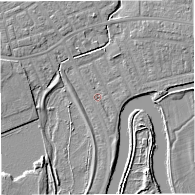 Shaded relief map of the ground around WA13PD, computed from Environment Agency LiDAR. The ground here sits at about 8 m above sea level and falls 6 m across the surrounding 800 m. Surface water reaching this point runs off ground lying to the south, 2.0 m higher.