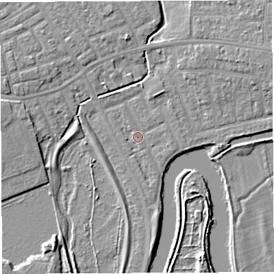 Shaded relief map of the ground around WA13PE, computed from Environment Agency LiDAR. The ground here sits at about 8 m above sea level and falls 6 m across the surrounding 800 m. Surface water reaching this point runs off ground lying to the north-east, 4.7 m higher.