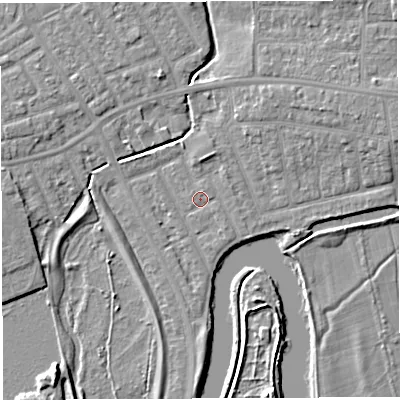 Shaded relief map of the ground around WA13PF, computed from Environment Agency LiDAR. The ground here sits at about 8 m above sea level and falls 6 m across the surrounding 800 m. Surface water reaching this point runs off ground lying to the east-north-east, 0.9 m higher.