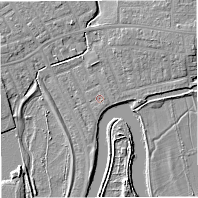 Shaded relief map of the ground around WA13PG, computed from Environment Agency LiDAR. The ground here sits at about 8 m above sea level and falls 6 m across the surrounding 800 m. Surface water reaching this point runs off ground lying to the east, 0.9 m higher.
