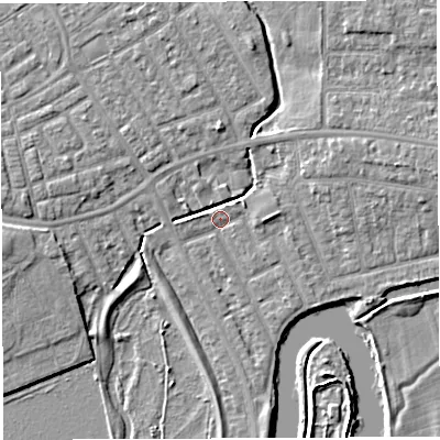 Shaded relief map of the ground around WA13PH, computed from Environment Agency LiDAR. The ground here sits at about 8 m above sea level and falls 5 m across the surrounding 800 m. Surface water reaching this point runs off ground lying to the east-north-east, 4.7 m higher.