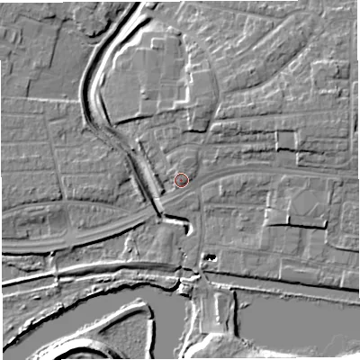 Shaded relief map of the ground around WA13PP, computed from Environment Agency LiDAR. The ground here sits at about 10 m above sea level and falls 16 m across the surrounding 800 m. Surface water reaching this point runs off ground lying to the north-north-east, 6.1 m higher.