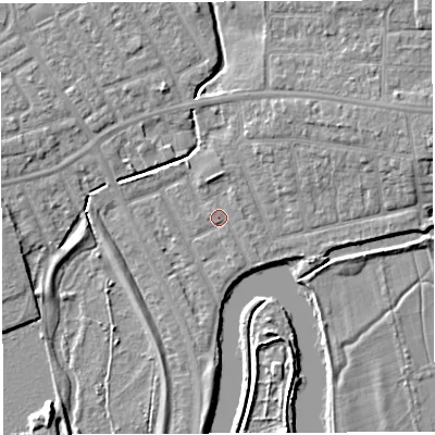 Shaded relief map of the ground around WA13PQ, computed from Environment Agency LiDAR. The ground here sits at about 8 m above sea level and falls 6 m across the surrounding 800 m. Surface water reaching this point runs off ground lying to the east, 0.8 m higher.