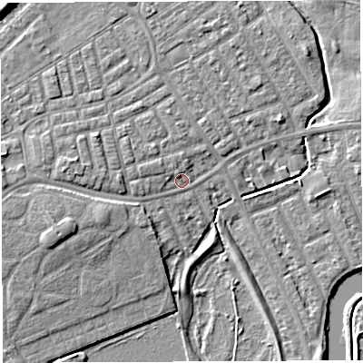 Shaded relief map of the ground around WA13RE, computed from Environment Agency LiDAR. The ground here sits at about 8 m above sea level and falls 8 m across the surrounding 800 m. Surface water reaching this point runs off ground lying to the west, 2.9 m higher.