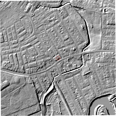 Shaded relief map of the ground around WA13RG, computed from Environment Agency LiDAR. The ground here sits at about 9 m above sea level and falls 6 m across the surrounding 800 m. Surface water reaching this point runs off ground lying to the west, 2.8 m higher.