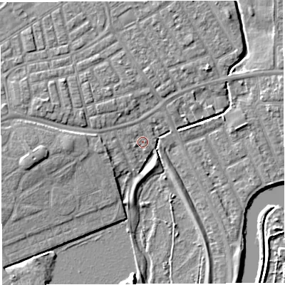 Shaded relief map of the ground around WA13RH, computed from Environment Agency LiDAR. The ground here sits at about 8 m above sea level and falls 6 m across the surrounding 800 m. Surface water reaching this point runs off ground lying to the west, 1.2 m higher.