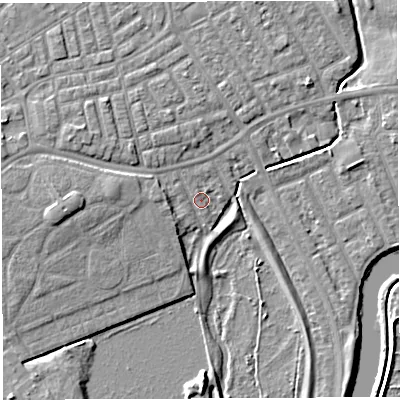 Shaded relief map of the ground around WA13RJ, computed from Environment Agency LiDAR. The ground here sits at about 8 m above sea level and falls 6 m across the surrounding 800 m. Surface water reaching this point runs off ground lying to the west, 4.0 m higher.