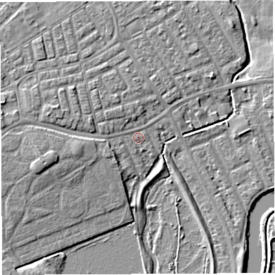 Shaded relief map of the ground around WA13RQ, computed from Environment Agency LiDAR. The ground here sits at about 8 m above sea level and falls 6 m across the surrounding 800 m. Surface water reaching this point runs off ground lying to the west-north-west, 0.6 m higher.
