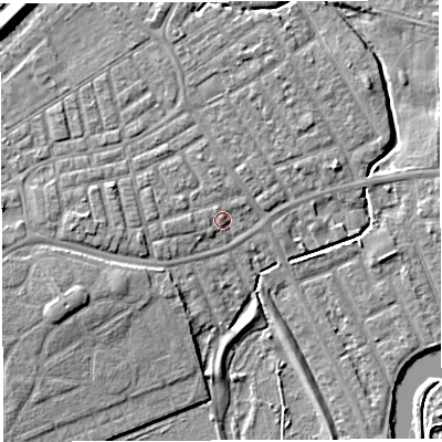 Shaded relief map of the ground around WA13RT, computed from Environment Agency LiDAR. The ground here sits at about 9 m above sea level and falls 8 m across the surrounding 800 m. Surface water reaching this point runs off ground lying to the north-north-west, 1.1 m higher.