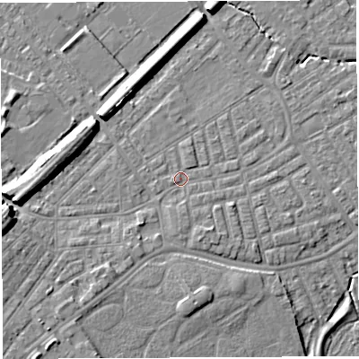 Shaded relief map of the ground around WA13RU, computed from Environment Agency LiDAR. The ground here sits at about 9 m above sea level and falls 10 m across the surrounding 800 m. Surface water reaching this point runs off ground lying to the south, 1.2 m higher.