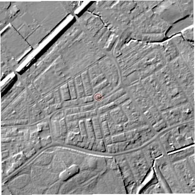 Shaded relief map of the ground around WA13RY, computed from Environment Agency LiDAR. The ground here sits at about 9 m above sea level and falls 9 m across the surrounding 800 m. Surface water reaching this point runs off ground lying to the south-west, 1.4 m higher.