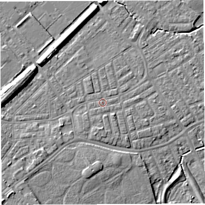 Shaded relief map of the ground around WA13RZ, computed from Environment Agency LiDAR. The ground here sits at about 9 m above sea level and falls 9 m across the surrounding 800 m. Surface water reaching this point runs off ground lying to the south-west, 1.2 m higher.