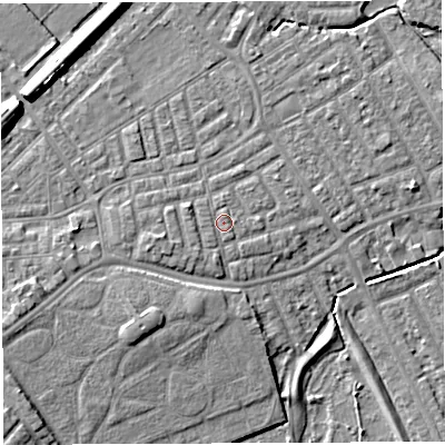 Shaded relief map of the ground around WA13SE, computed from Environment Agency LiDAR. The ground here sits at about 9 m above sea level and falls 9 m across the surrounding 800 m. Surface water reaching this point runs off ground lying to the north-north-east, 0.7 m higher.