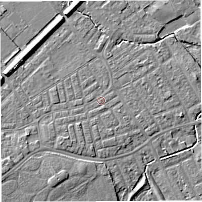 Shaded relief map of the ground around WA13SF, computed from Environment Agency LiDAR. The ground here sits at about 9 m above sea level and falls 9 m across the surrounding 800 m. Surface water reaching this point runs off ground lying to the south-west, 2.3 m higher.