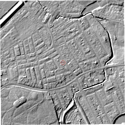 Shaded relief map of the ground around WA13SG, computed from Environment Agency LiDAR. The ground here sits at about 9 m above sea level and falls 8 m across the surrounding 800 m. Surface water reaching this point runs off ground lying to the south-west, 0.7 m higher.