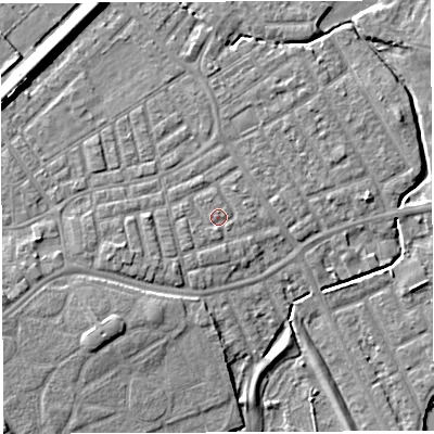 Shaded relief map of the ground around WA13SH, computed from Environment Agency LiDAR. The ground here sits at about 9 m above sea level and falls 9 m across the surrounding 800 m. Surface water reaching this point runs off ground lying to the south-south-west, 0.7 m higher.
