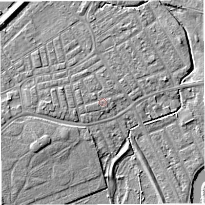 Shaded relief map of the ground around WA13SJ, computed from Environment Agency LiDAR. The ground here sits at about 9 m above sea level and falls 9 m across the surrounding 800 m. Surface water reaching this point runs off ground lying to the west-south-west, 0.8 m higher.