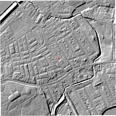 Shaded relief map of the ground around WA13SL, computed from Environment Agency LiDAR. The ground here sits at about 9 m above sea level and falls 8 m across the surrounding 800 m. Surface water reaching this point runs off ground lying to the south-west, 0.7 m higher.